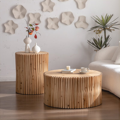 Set Of 2 Retro Fashion Cylindrical Coffee Table With Vertical Texture Relief Design