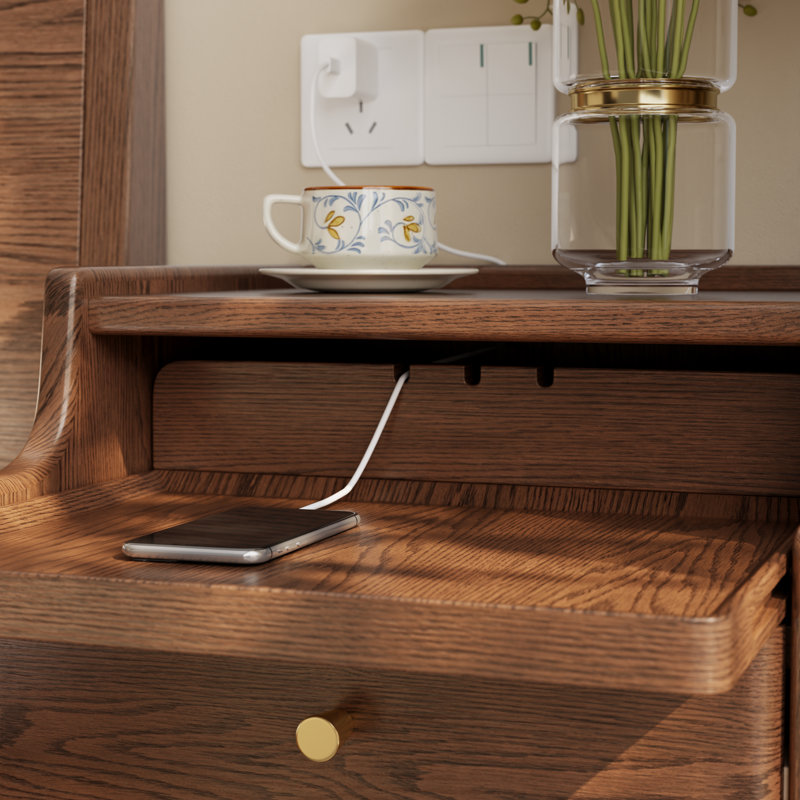 Narrow Solid Wood Nightstand with 2 Drawers, Brown, 11.81"W
