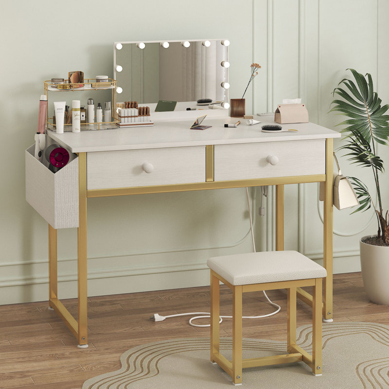Makeup Vanity Desk With Chair & Power Outlet, Makeup Table Vanity Set With Drawers, White/Gold