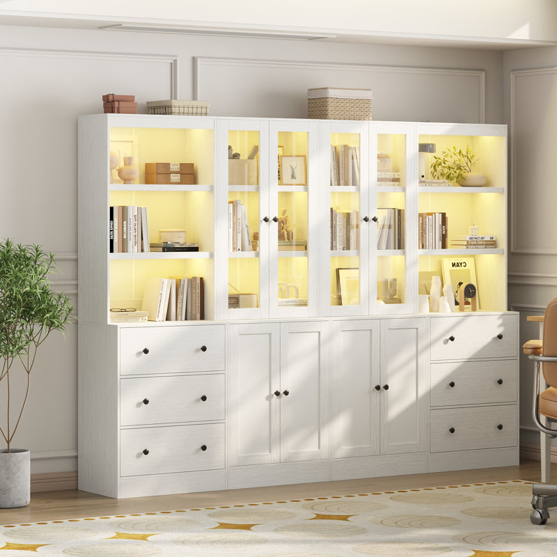 Bibliothèque standard H 71 po x l 94,4 po avec portes en verre trempé et lumières DEL (2a + 2b), White