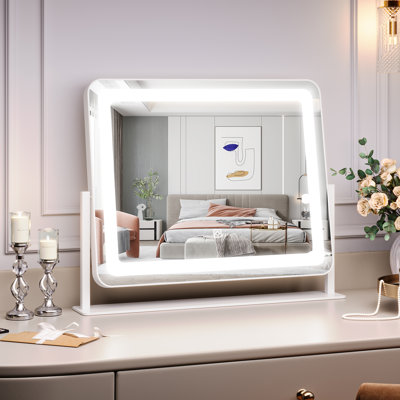 Miroir de maquillage éclairé pour meuble-lavabo de table, éclairage à DEL à intensité variable 3 couleurs, commande à écran tactile, rotatif à 360 °, base antidérapante pour chambre à coucher et coiffeuse