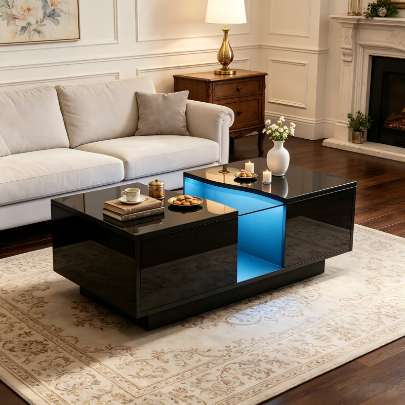 High Gloss Coffee Table With RGB LED Lights and Dual Storage Drawers For Living Room, Black