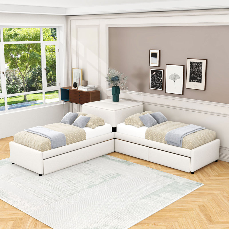 Lit simple en forme de L avec table intégrée et tiroirs de rangement, lit gigogne simple, Beige