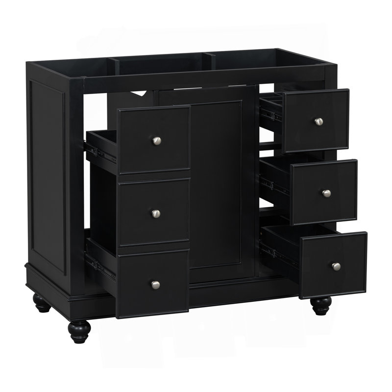 Meuble-lavabo contemporain noir - 36 po x 18 po x 34 po, 4 tiroirs et 1 porte d'armoire, rangement polyvalent, lavabo intégré en résine, tablettes réglables, cadre en bois massif avec panneau de fibres à densité moyenne