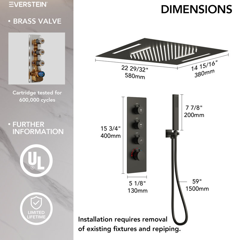 Thermostatic LED Rainfall Shower System, Ceiling Mounted Waterfall Showerhead with Handheld Spray, Matte Black
