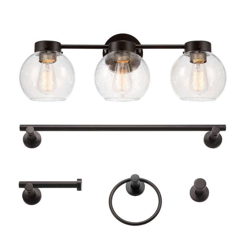 Ensemble de salle de bain 5 pièces tout-en-un bronze foncé avec 3 lumières de meuble-lavabo 24 "et abat-jour en verre bullé
