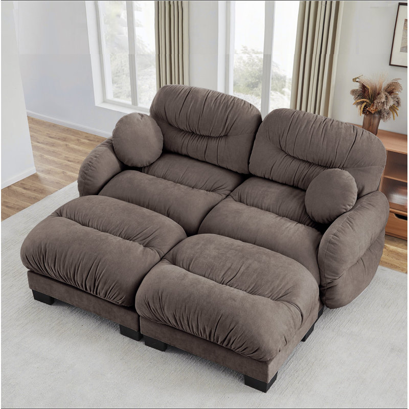 Canapé modulaire confortable à 2 places en tissu de chenille plissé avec siège ergonomique en mousse haute densité, canapé modulaire en forme de L avec 2 repose-pieds, accoudoirs arrondis arrondis et 2 coussins décoratifs ronds