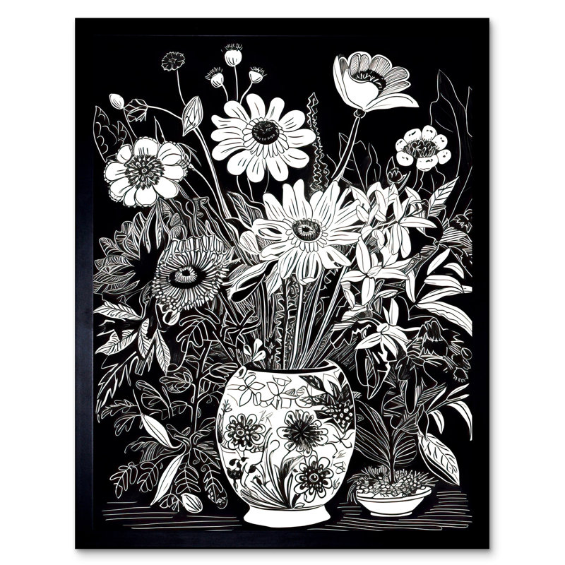 Farrand Flower Bouquet Vase Black And White Blind Contour - Single Picture Frame Print