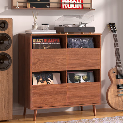 Mid Century Record Player Stand, Vinyl Storage Cabinet with Drawers for CDs and Albums, Media Unit for Living Room Bedroom Music Corner