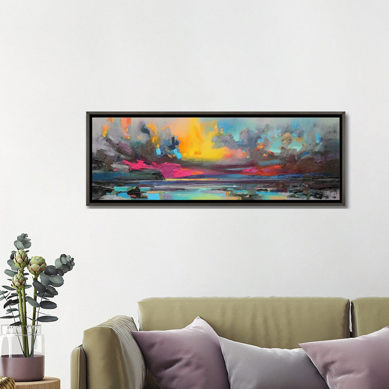 «Skye» par Scott Naismith - impression d'art graphique panoramique, H 16 po x l 48 po x 1,5 po, Toile avec cadre gris