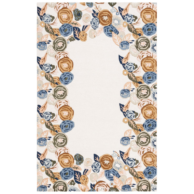 Ivory and Blue Floral Handmade Wool Rug, 3' x 5'
