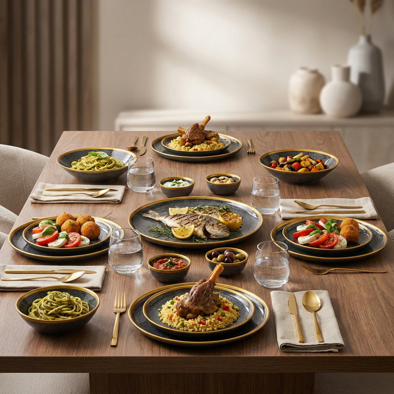 Service de table en porcelaine Starlight Gold Anthracite (service de 24 pièces pour 6 personnes)