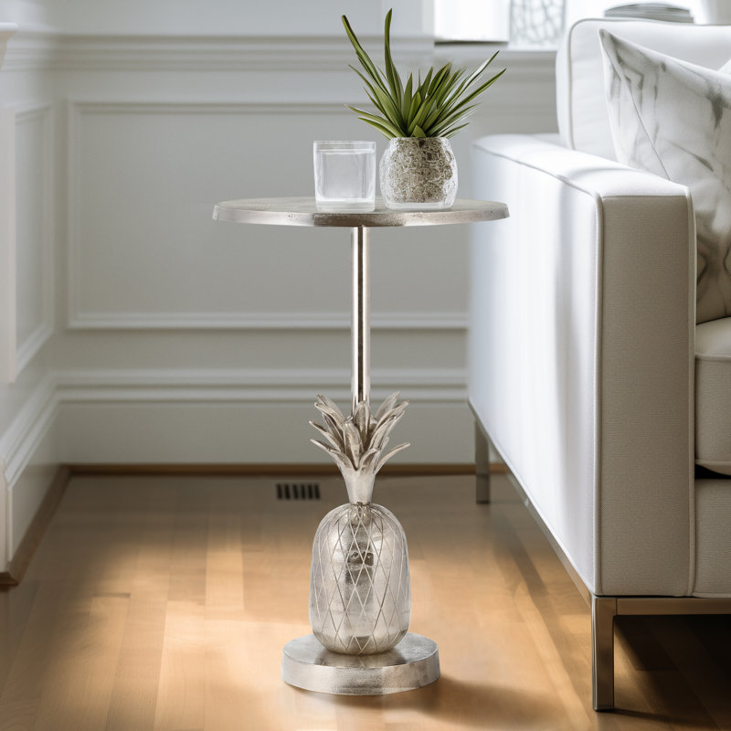 Tineo Side Table with Pineapple Base, Silver End Table for Living Room with Round Top, Metal Accent Table, 24" , Silver