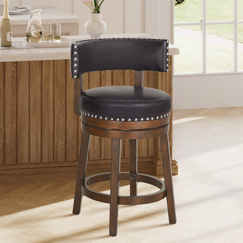 Tabouret de bar pivotant rembourré, chaise d'îlot de cuisine pivotante à 360° avec structure en bois massif, assise et dossier rembourrés, finition cloutée