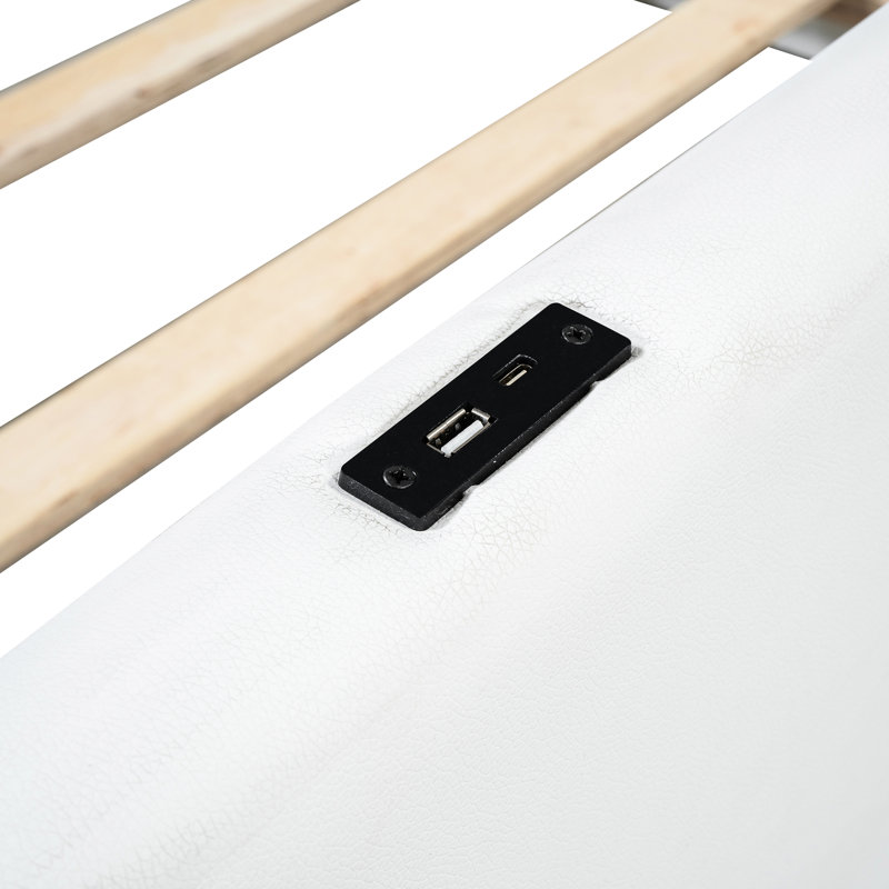 Lit plateforme simple tapissier blanc avec garde-corps et charge rapide - Taille moderne