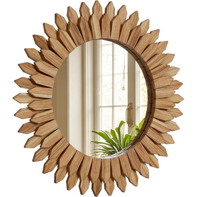 28" Round Sunburst Wooden Mirror Boho Rustic Wall Decor | Handcrafted Circle Wall Mounted Ornate Accent Mirror for Living Room, Bedroom, Entryway, Foyer, Office