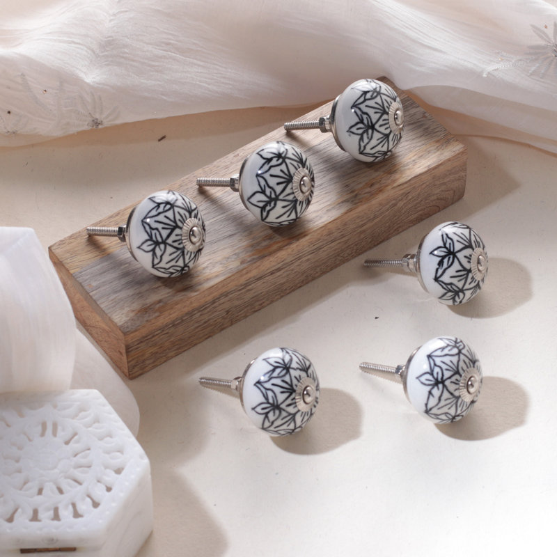 Novica Handmade White Blooms Hand-Painted Ceramic Knobs (Set Of 6)
