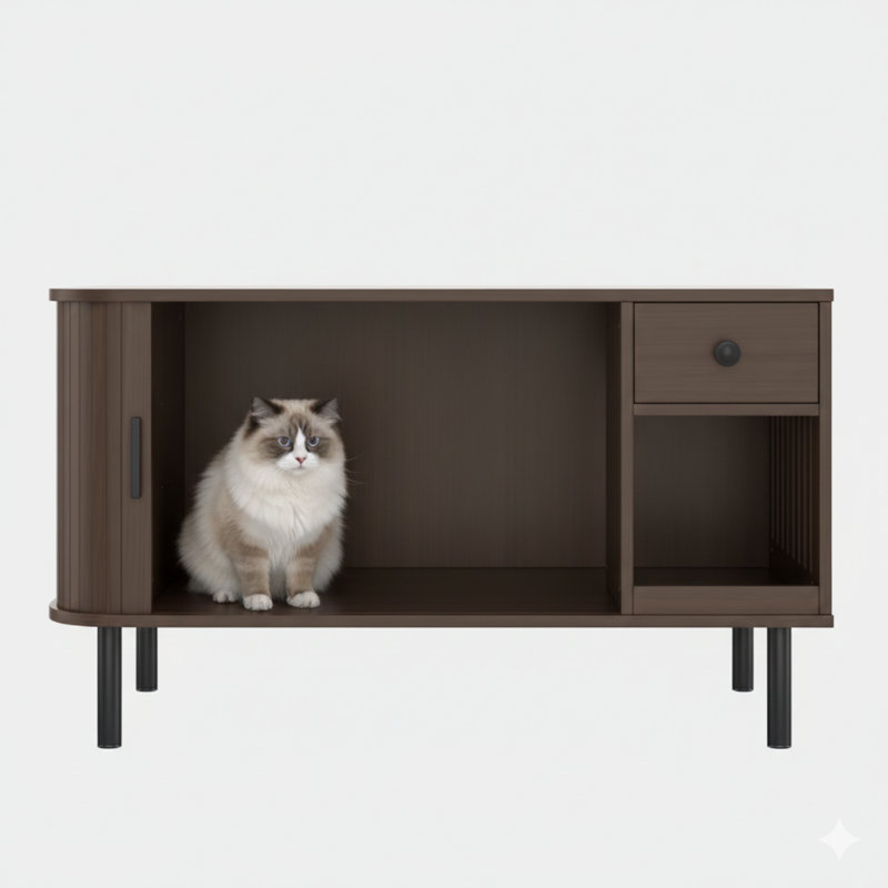 Enceinte brune de 37,4 pouces pour dissimuler un bac à litière pour chat, avec une porte coulissante. Ce meuble fonctionnel comprend un tiroir de rangement et une station de charge, pouvant servir de meuble télé ou de table de bout.