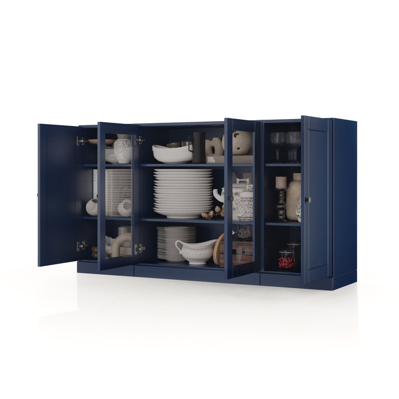 Buffet 100% bois massif 65 po avec portes en verre transparent et tablettes réglables, Marine
