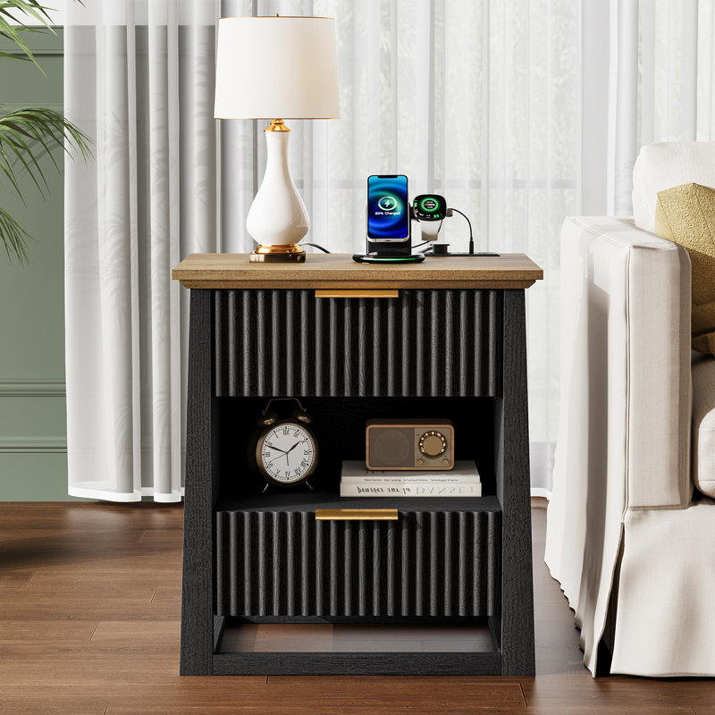 2 Drawer End Tables with Storage and Built-in Outlets for Livign Room,Bedroom,Led End Side Tables, Black