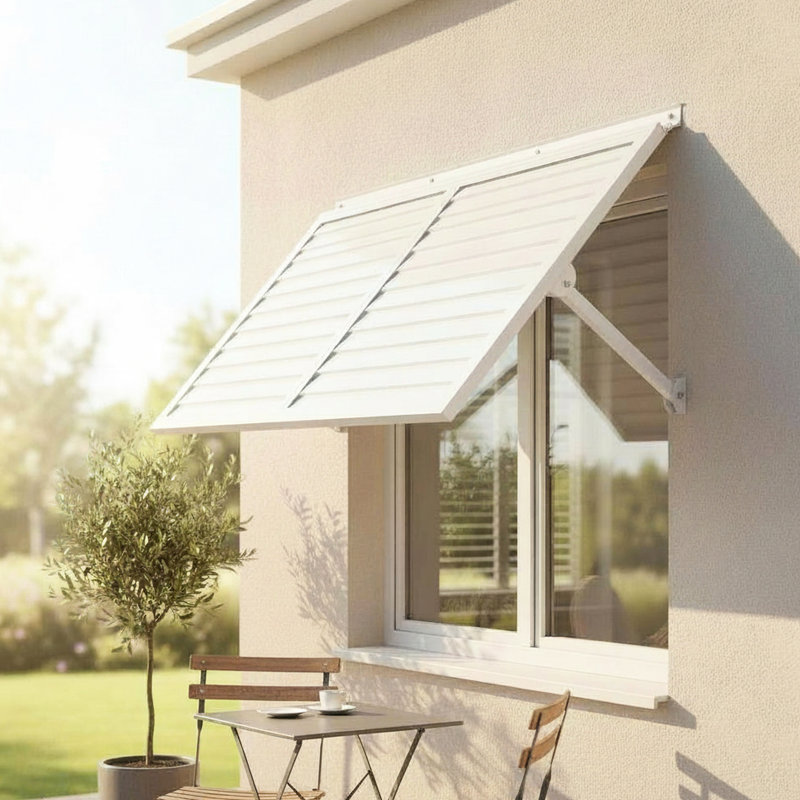 Auvent blanc en métal blanc 4,6, auvent en aluminium léger pour l'extérieur, finition thermolaquée contemporaine, charnière continue avec solin, installation pour une installation rapide, acier inoxydable