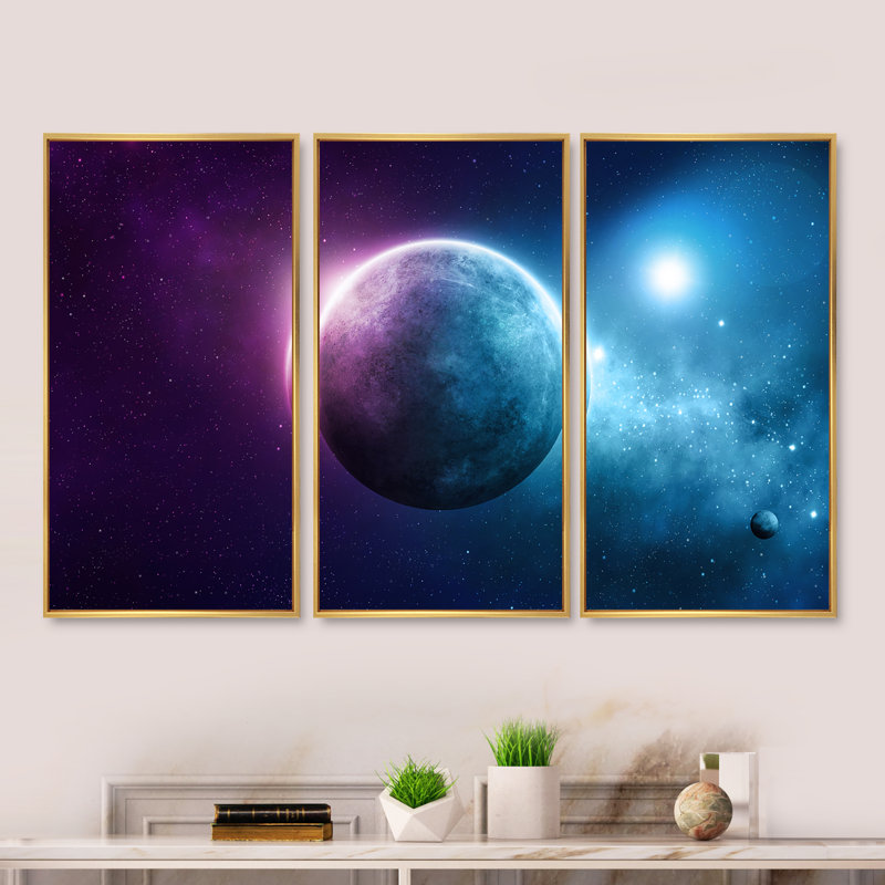 Planète profonde - ensemble de 3 toiles abstraites encadrées, H 32 po x l 48 po, Or