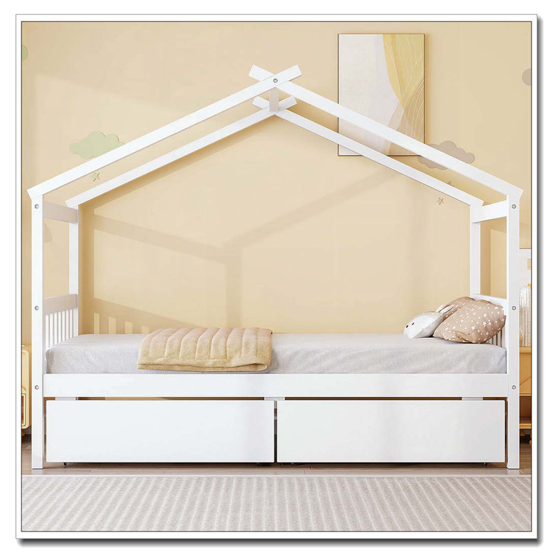 Lit en bois avec tiroirs, Simple, Blanc