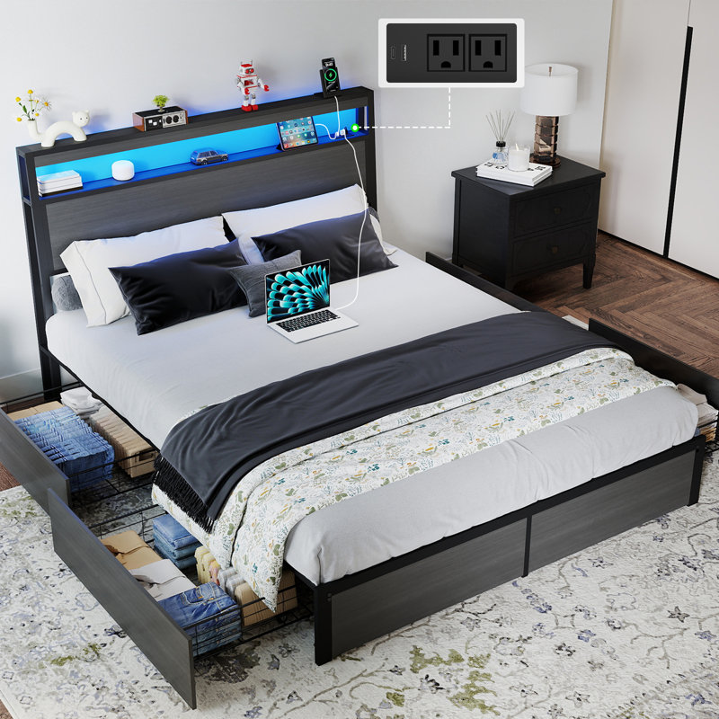 Full Size Bed Frame with 4 Storage Drawers and LED Lights,Metal Platform Bed with Charging Station and 2-Tier Headboard,No Box Spring Needed