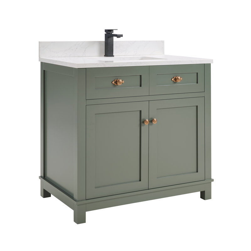 36" Cadet Finish Solid Wood Sink Vanity  With 1' Artificial Stone Top, Pewter Green, Rose Gold