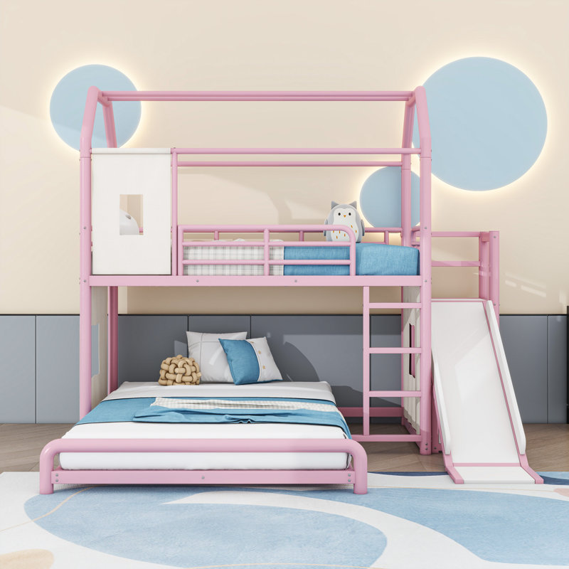 Lit superposé en métal avec glissade, bande lumineuse à DEL, tablettes et garde-robe ouverte, Jumeaux sur complet, Rose