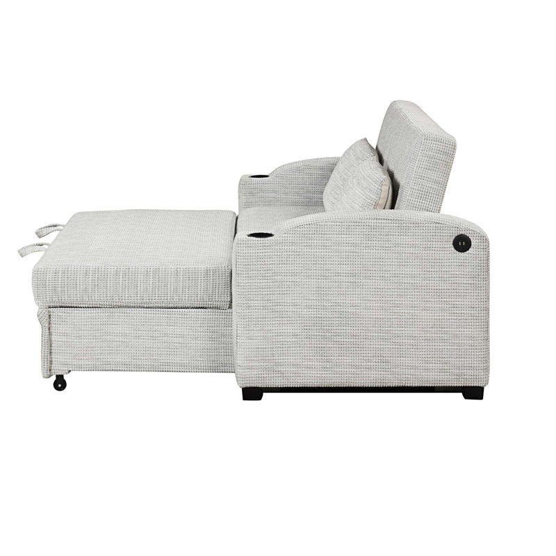Canapé-lit 65 po convertible en chenille moderne avec dossier ajustable 65 po, 2 coussins, porte-gobelets, ports USB