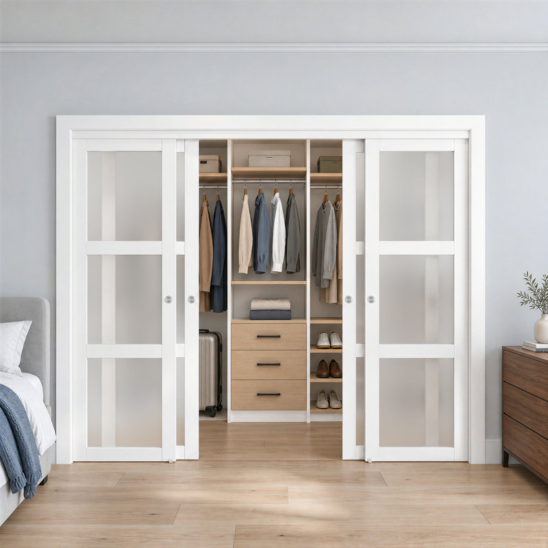 Portes coulissantes doubles en verre givré avec ensemble de quincaillerie d'installation, 120 po x 80 po, Crème