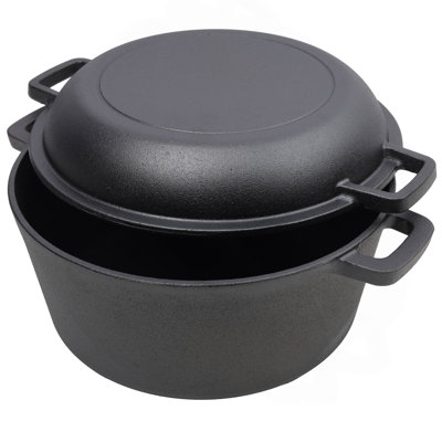 2 In 1 Pre-Seasoned Cast Iron Dutch Oven With Dual Handles, Outdoor Camping Deep Pot For Camping Fireplace Cooking BBQ Baking Campfire, 5 Quart.With 1Pc Iron Pot Rack.