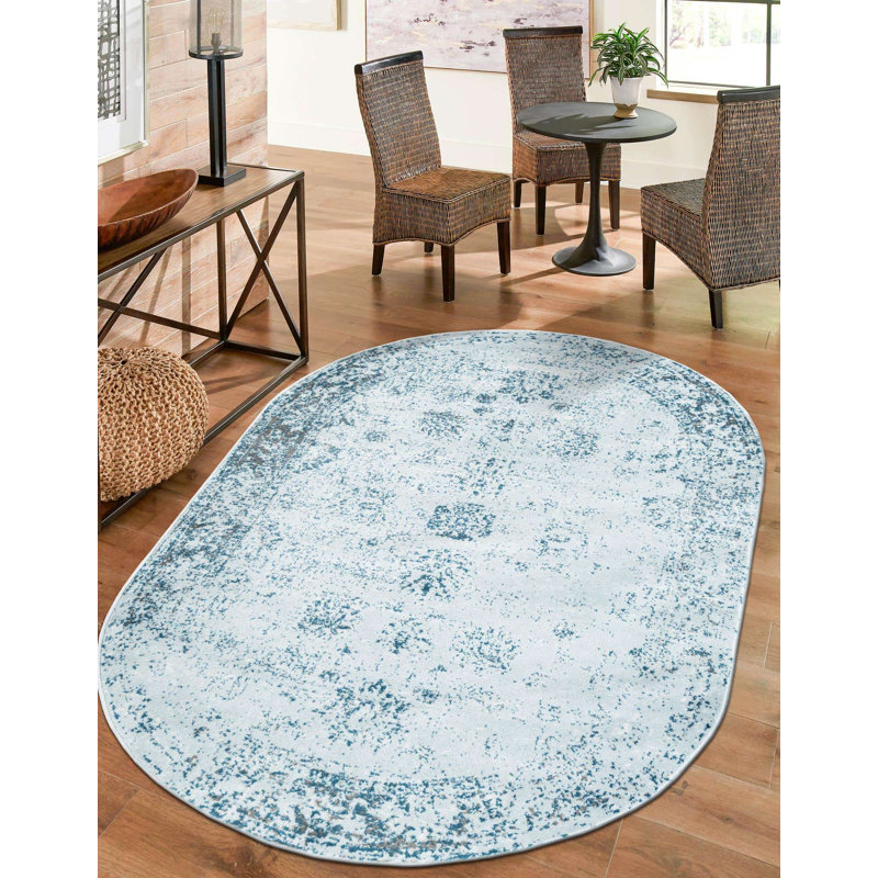 Tapis Brandt, Ovale 5 pi 3 po x 8 pi, Non, Bleu clair / Bleu marine