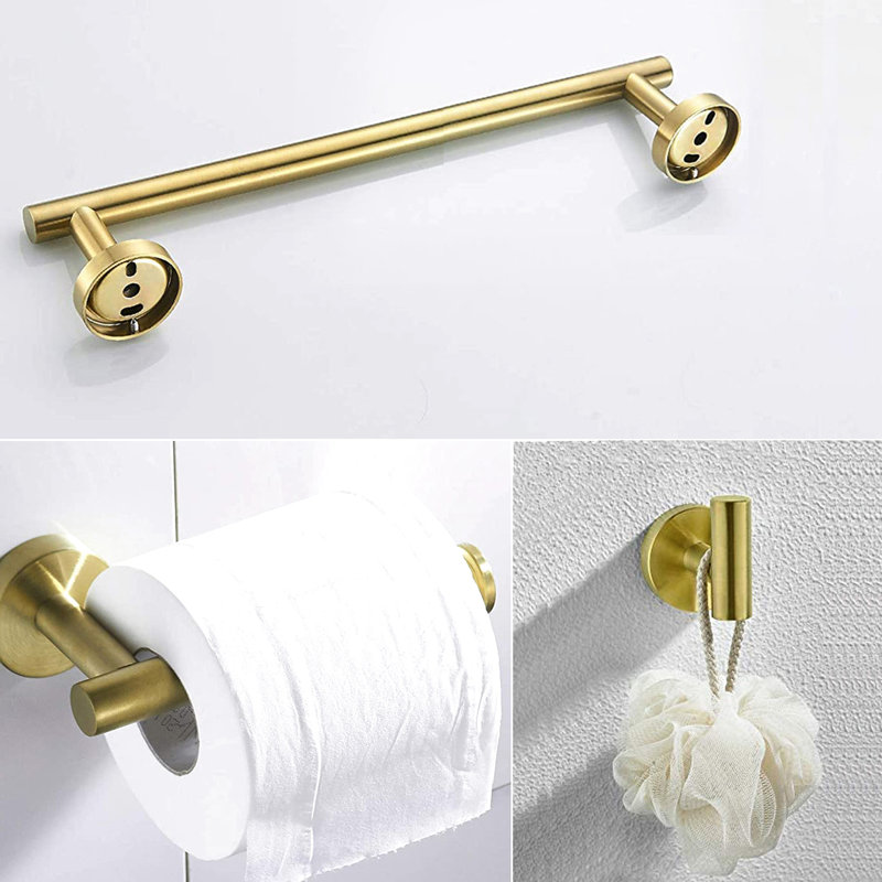Gold Bathroom Hardware 3 - Sus304 Stainless Steel. Rustproof Bath Accessories. Towel Bar, Toilet Paper Holder, Robe Hook. Modern Round Shape With Scratch- Finish. Easy Installation Included Mounting