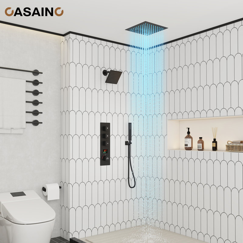 Système de douche thermostatique à pluie encastrée 12 po avec DEL 64 couleurs et musique Rainfall Symphony, Noir mat