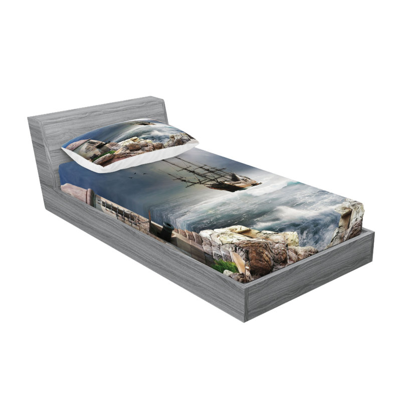 Drap-housse et coussin décoratif bleu pâle Muave beige Ambesonne, Ensemble de draps pour lit simple + 3 pièces supp
