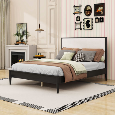 Wooden Platform Bed with Upholstered Headboard and Durable Support Legs