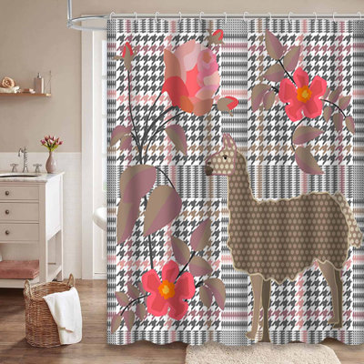 English Rose Checkered Grey Waterproof Shower Curtain with 12 Hooks