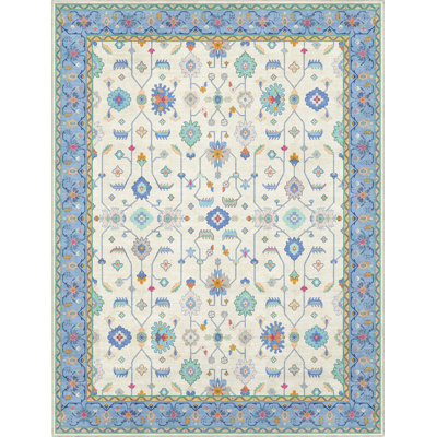 Bungalow Rose Adrith Antalya Modern Vintage Boho Ivory Blue Multi Area Rug