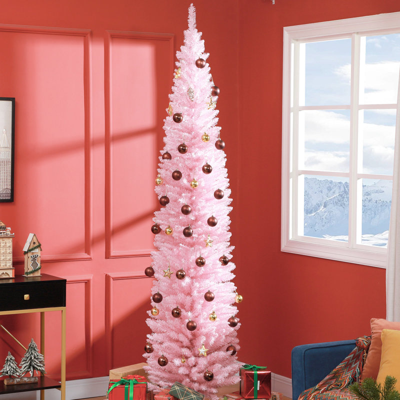Arbre de Noël artificiel rose 8 pi avec 618 pointes de branches, assemblage sans tracas, arbre mince antidéflagrant, rose, flamme, facile à assembler