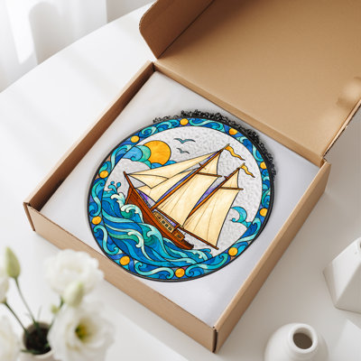 Sailing Ship in Blue Waves Stained Glass Style Canvas Wall Art