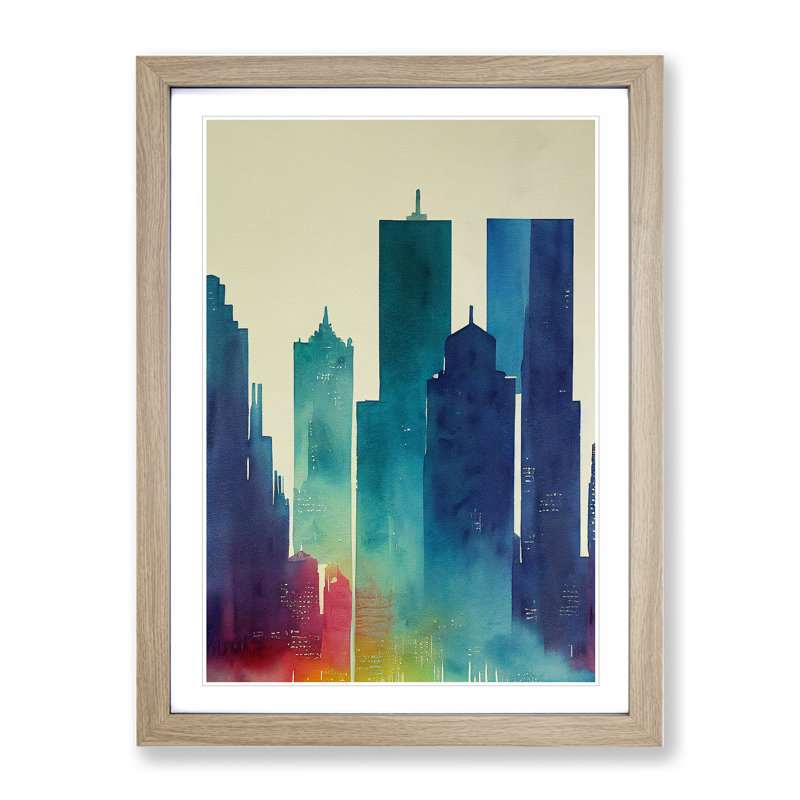 City Skyline Watercolour No.7 Abstract 1 Piece Single Picture Frame Painting, 34cm H x 25cm W x 2cm D, Oak