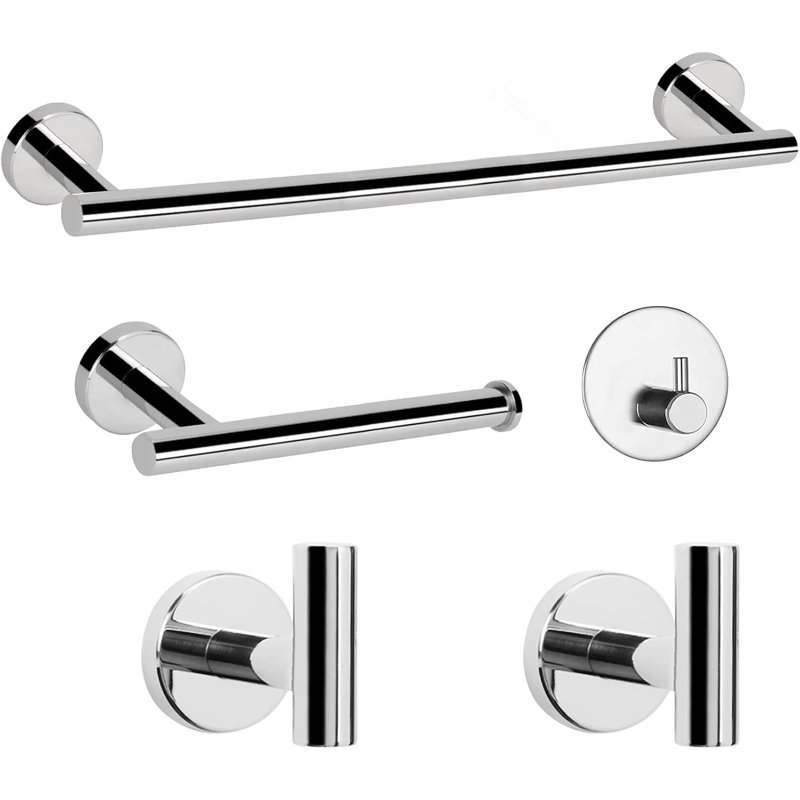 Ensemble de quincaillerie de salle de bain 5 pièces - Porte-serviettes en acier inoxydable 304, porte-papier hygiénique et 3 crochets multifonctionnels - Finition chromée durable et résistante à la rouille