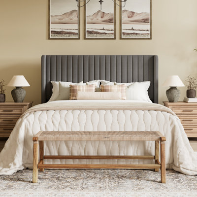 Candler Velvet Upholstered Platform Bed with Wingback Headboard and Wooden Slats