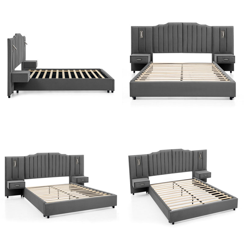 Cocoon Queen Size Upholstered Bed Frame with Velvet Headboard, Vertical Stripe & Button Design, Integrated Bedside Table & Adjustable Lamps, Modern Platform Bed - No Box Spring Needed
