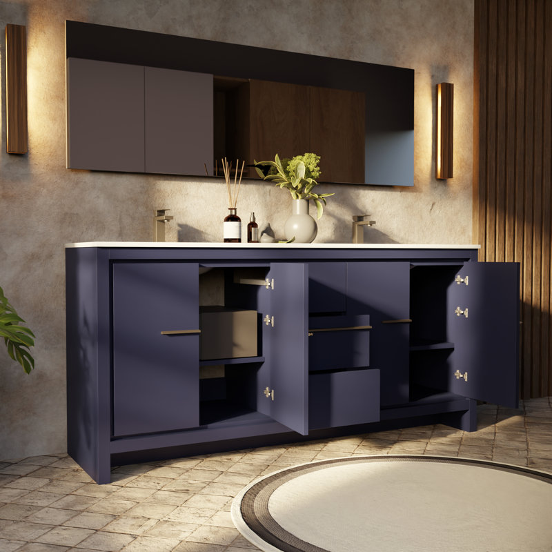 Ensemble de meuble-lavabo double 72 po avec miroir Lafarre, Navy Blue, Quartz blanc