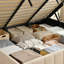 Lit plateforme rembourré Coletti avec coffre de rangement et sommier à lattes en bois, robuste et silencieux, montage facile, beige-74193535-74193533