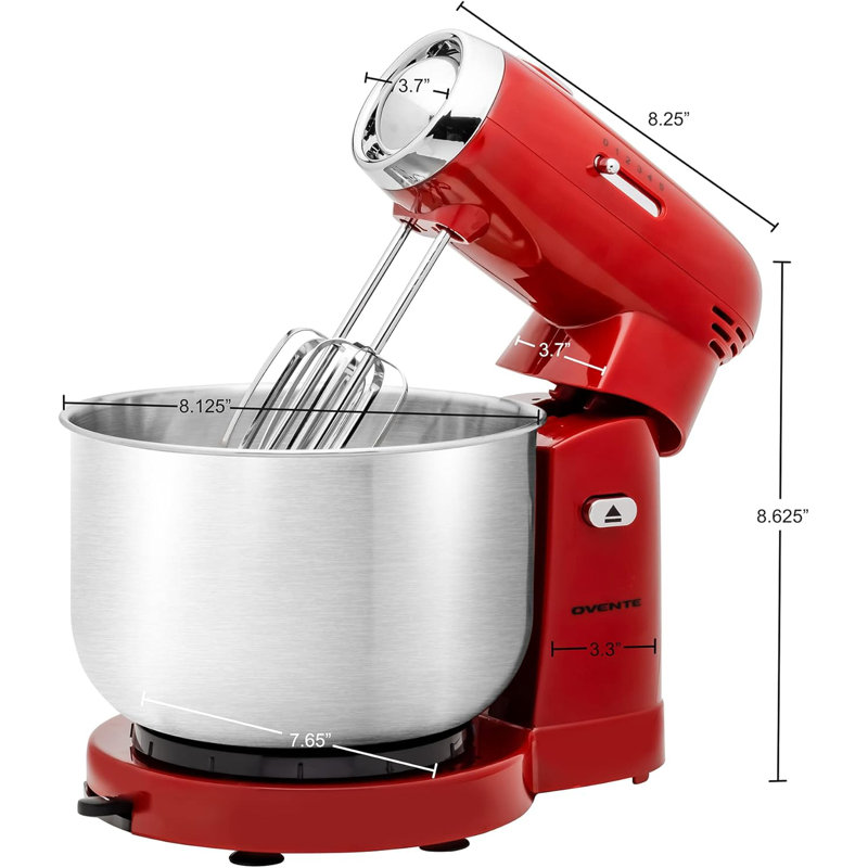 OVENTE Electric Stand Mixer with 3.5 Quarts Stainless Steel Mixing Bowl, 5 Speed Portable and Lightweight 250W Kitchen Mixer for Everyday Use, Includes 2 Egg Beater Whisk and Dough Hook, Red SM680R