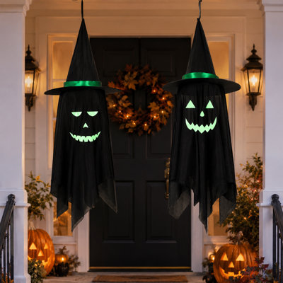 2pcs Halloween Hanging Ghost Decorations with Witch Hats, Glow-in-the-Dark DIY Face Stickers, 39.37" Outdoor Yard and Porch Decor